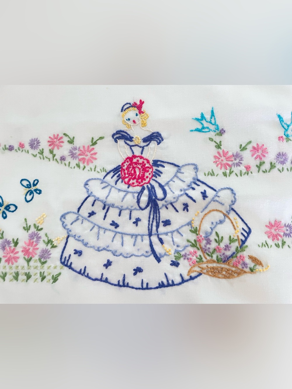 Vintage Pillowcase Hand Embroidered Pink Blue Purple Cotton Blend Standard Sz